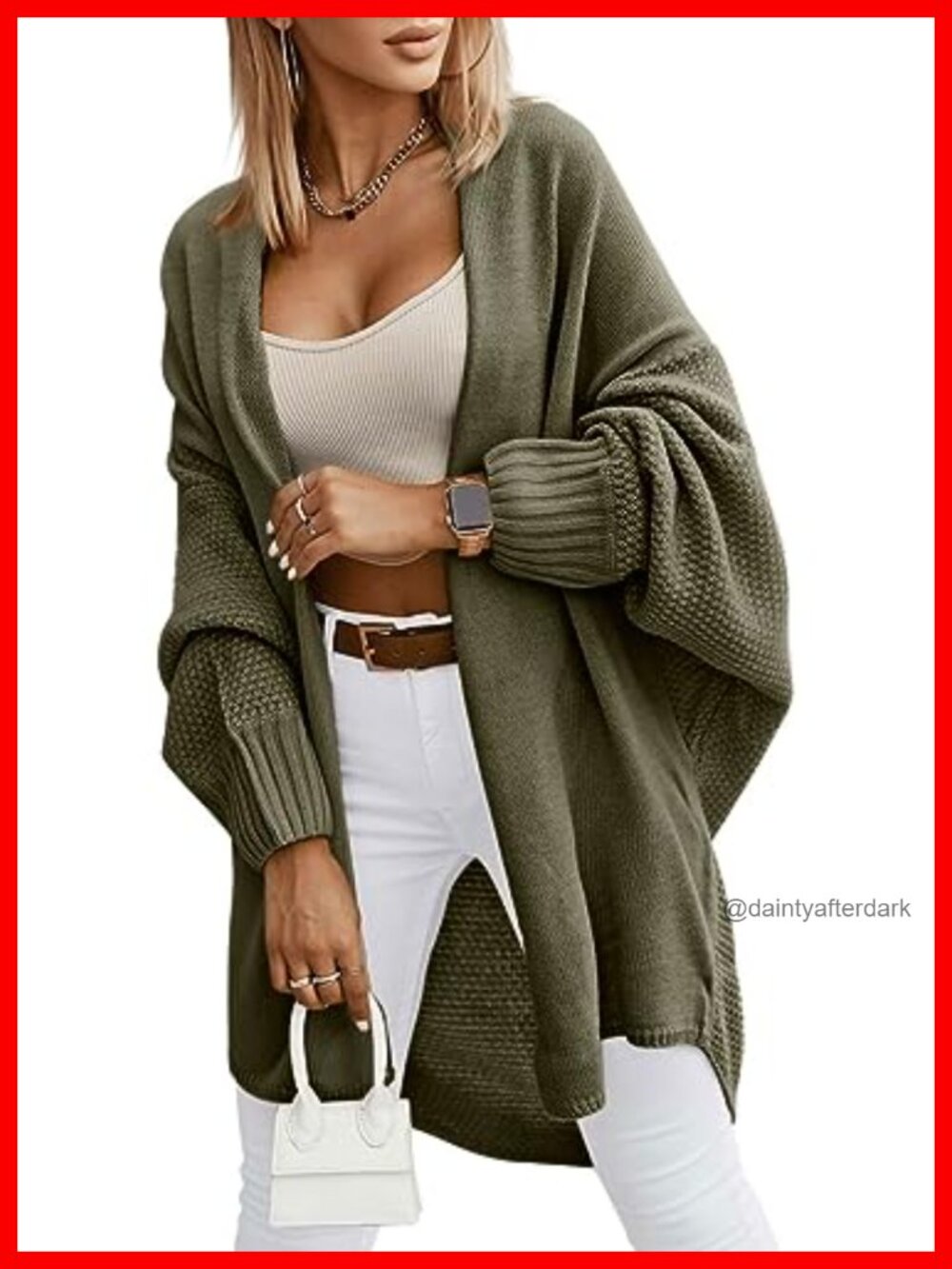 Oversized Open Front Cardigan Lantern Sleeve Acrylic Nylon Loose Knit